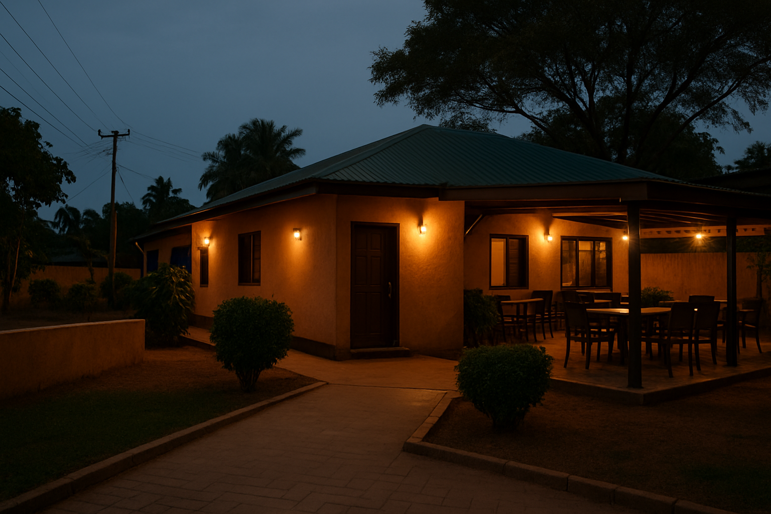 A well-lit level entrance to an evening venue in Abokobi