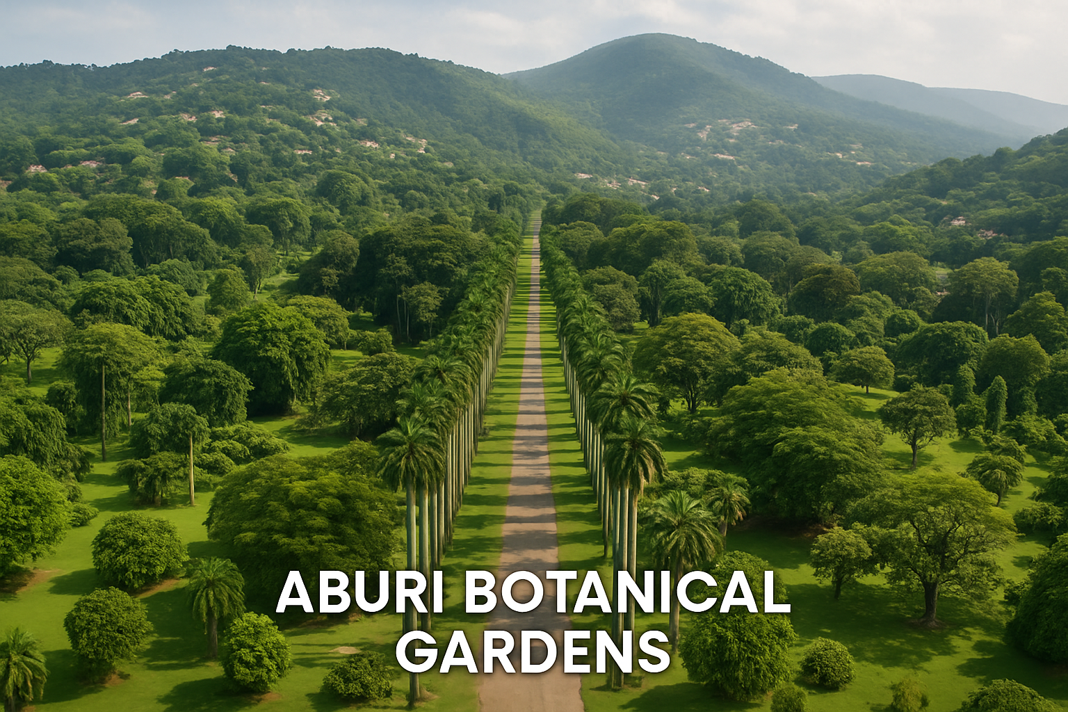 Mature trees and a shaded path at Aburi Botanical Gardens in Ghana