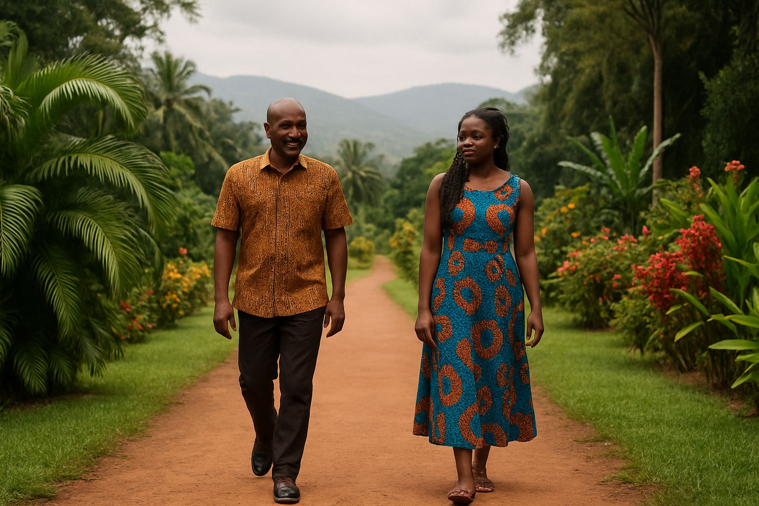 Two adults enjoying a relaxed walk in a lush Aburi garden with the hills behind them