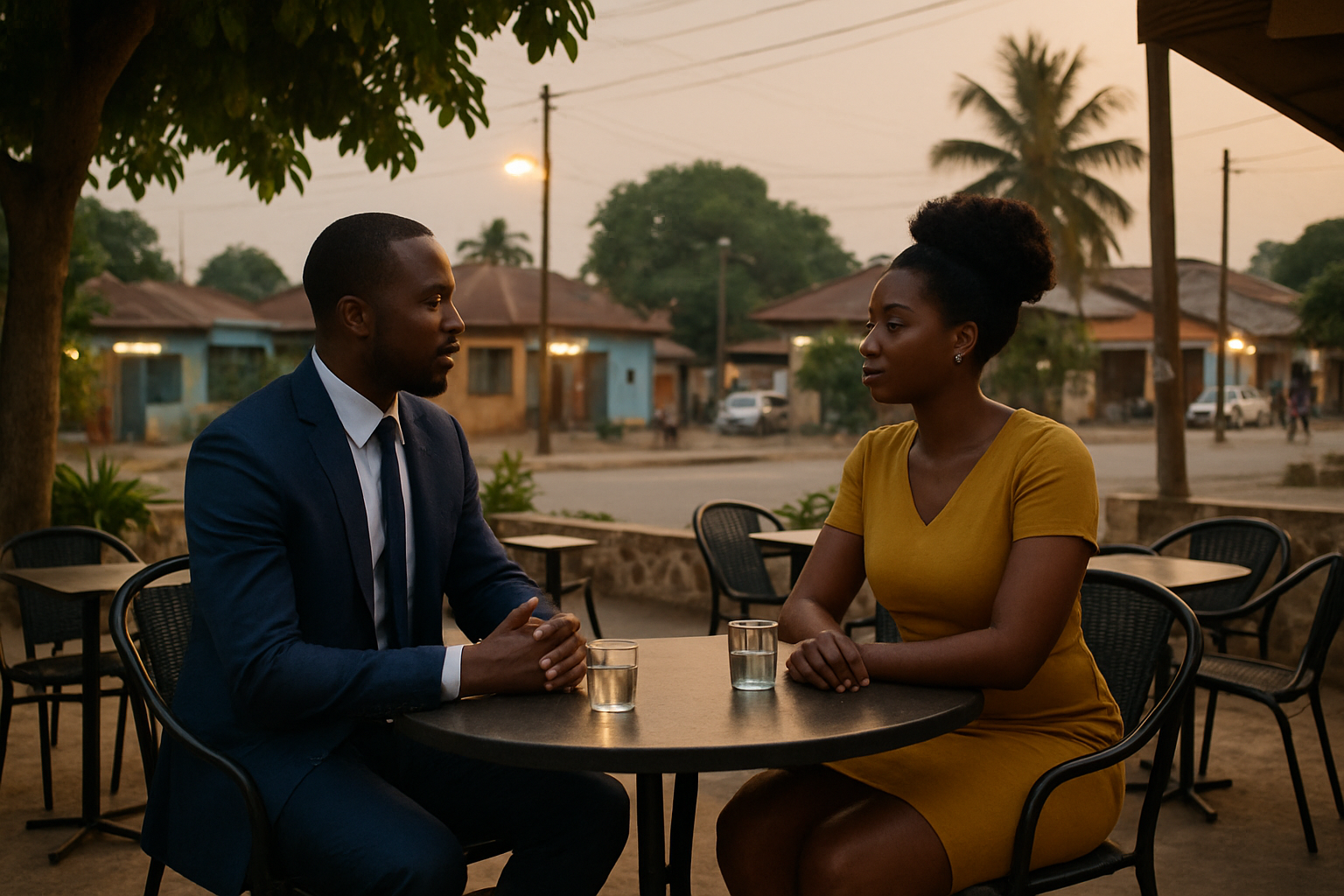 Adults meeting calmly at a public café setting in Achimota, Accra