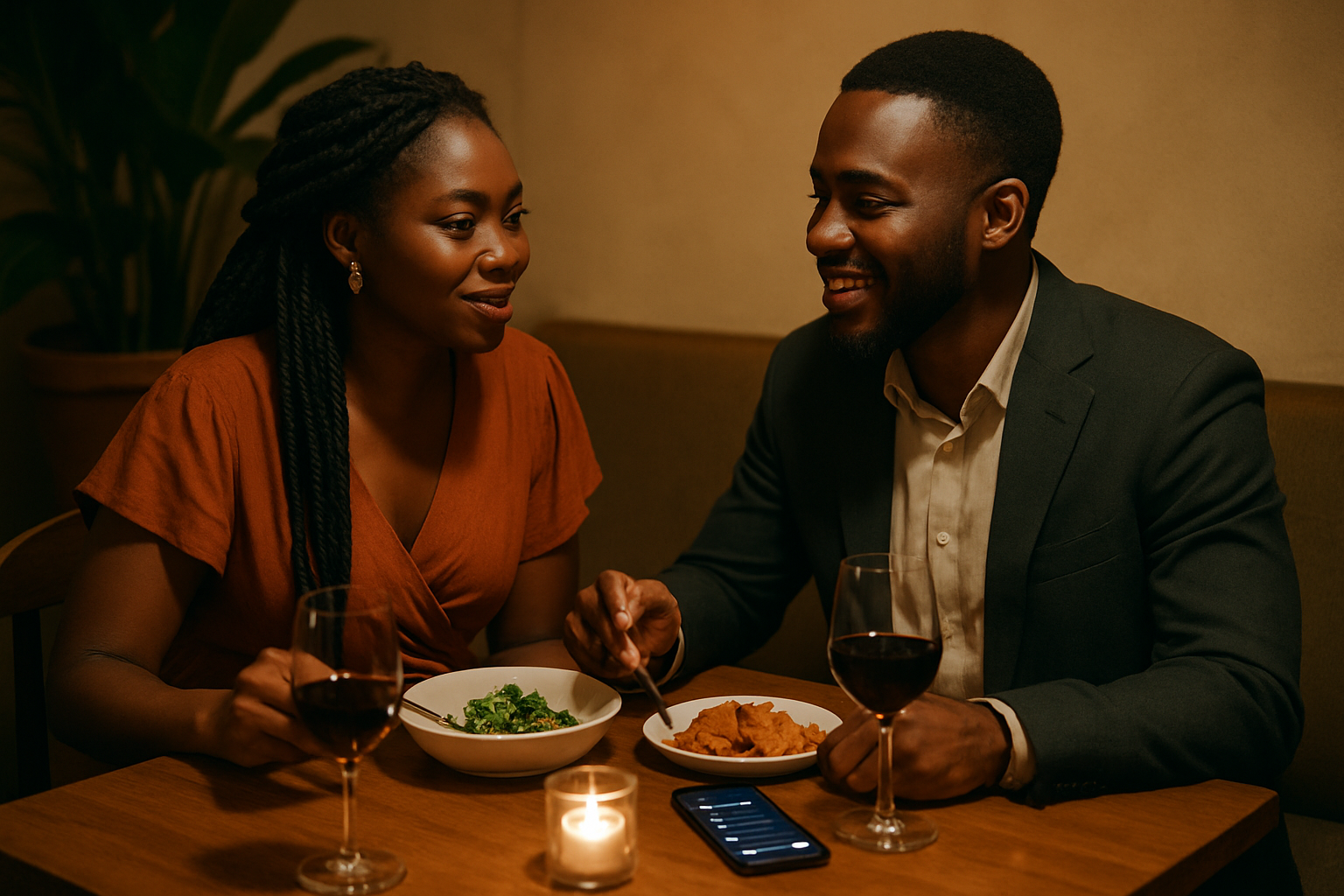 Two adults enjoying a relaxed companion date in Adenta with food and music