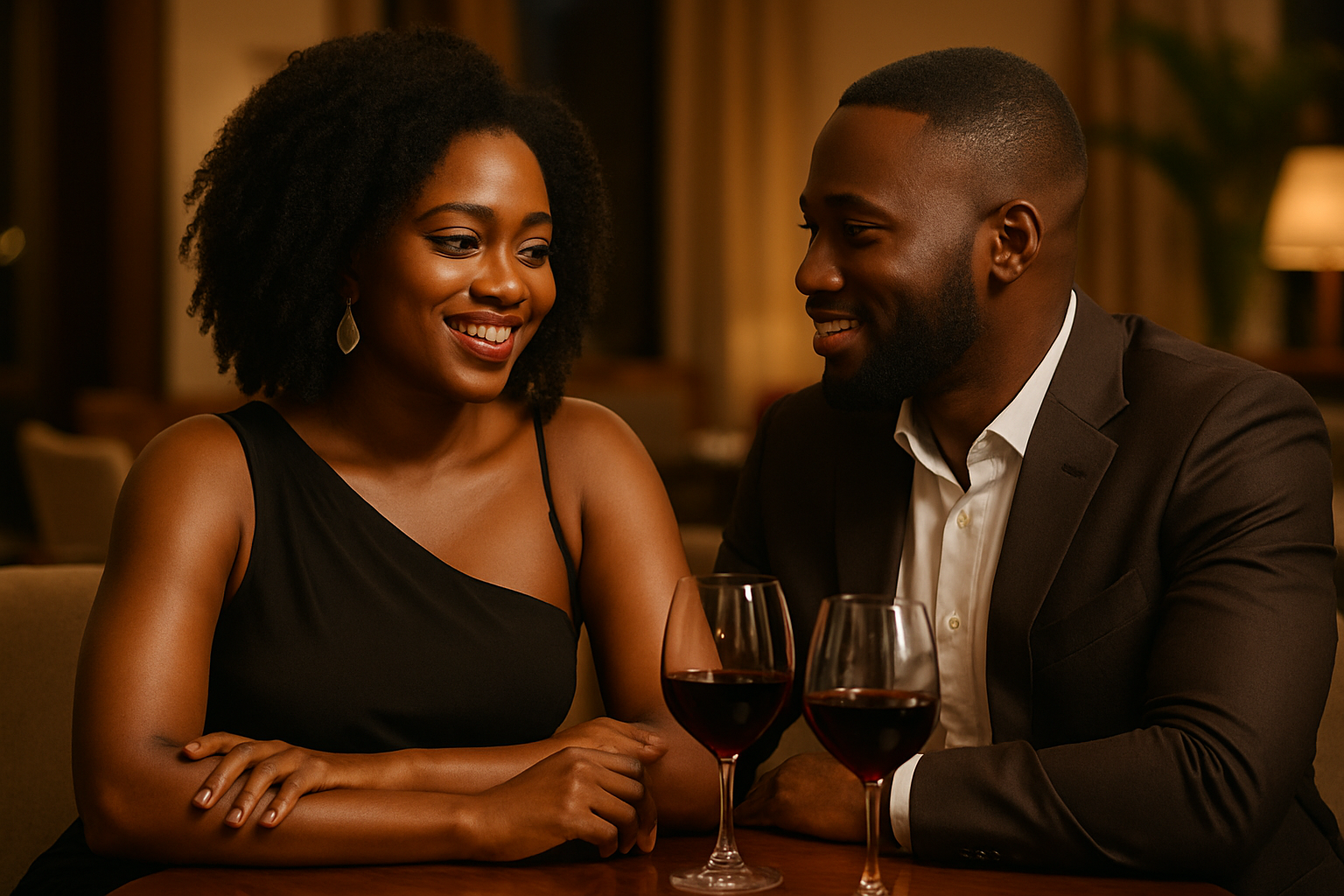 Adult Ghanaian couple enjoying a relaxed evening conversation in an elegant Agogo setting