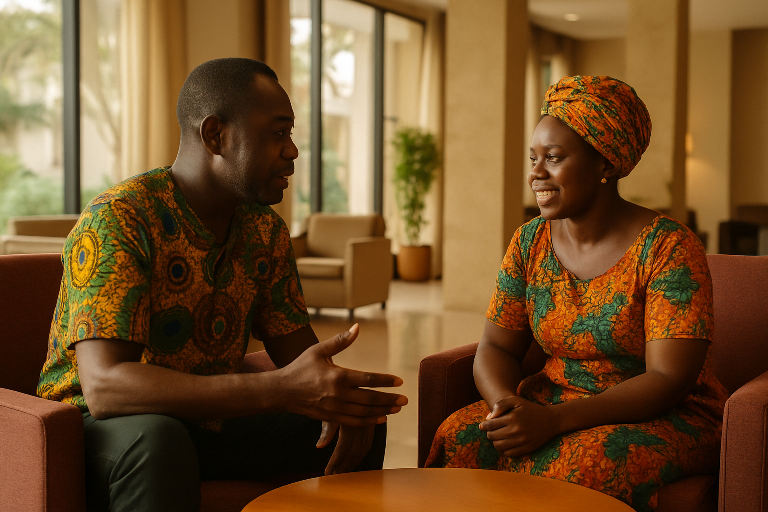 Two adults discussing a date plan in a hotel lobby in Agona Swedru
