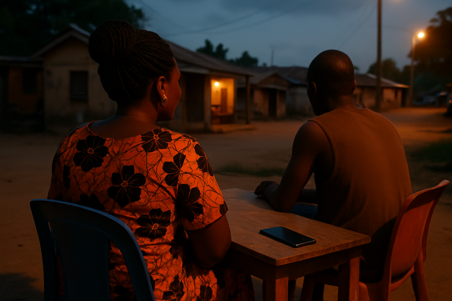 Two adults keeping a date evening private in Ajumako with a phone placed face down