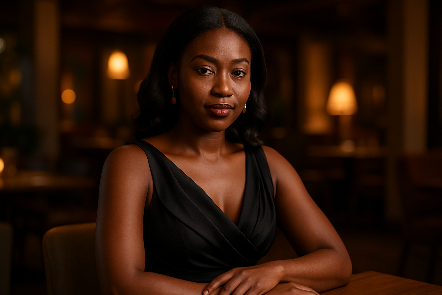 Adult Ghanaian woman in elegant eveningwear in a tasteful Akomadan dinner setting