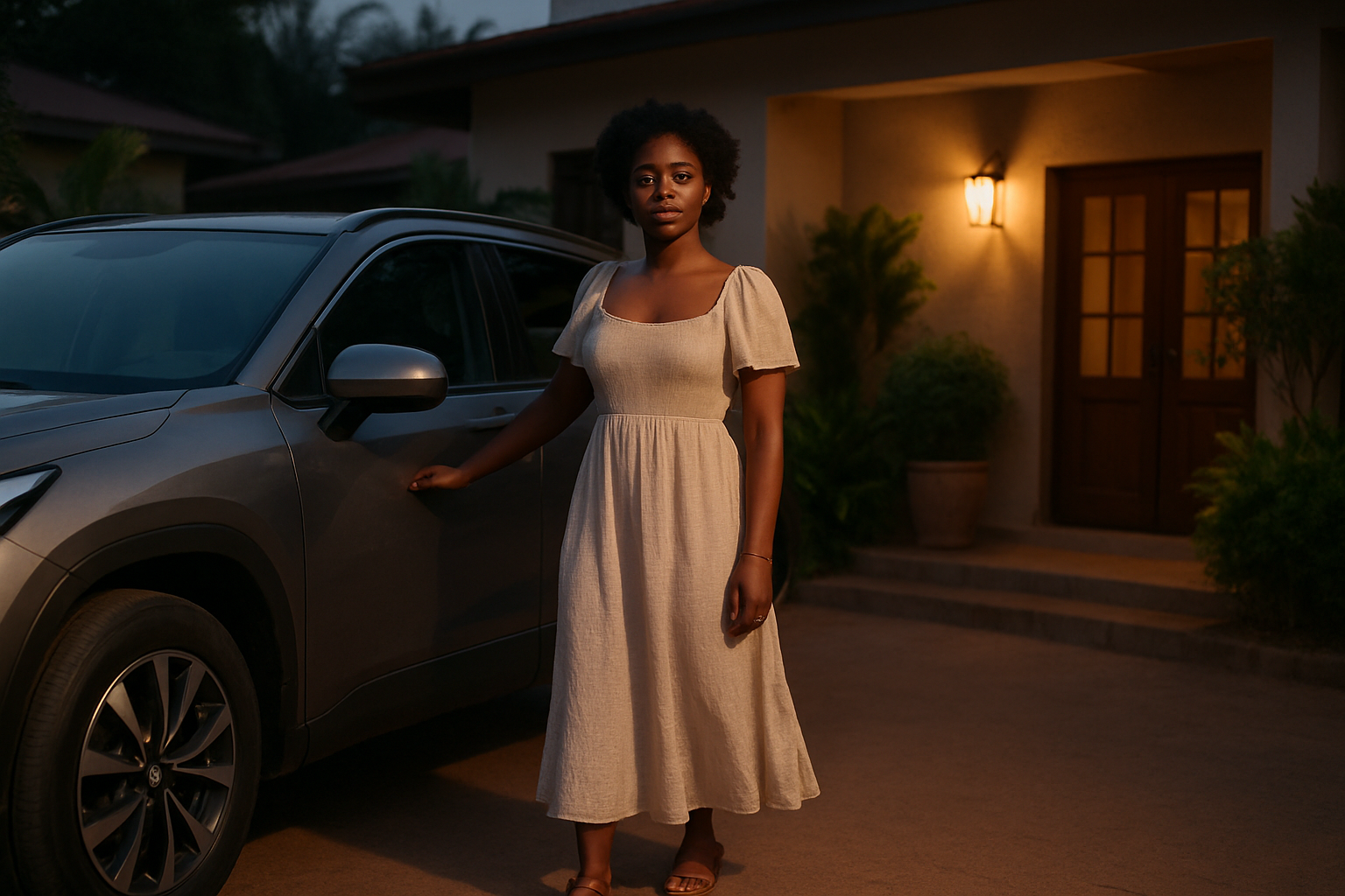 Adult Ghanaian woman in a soft garden-style dress beside a modern vehicle at an evening entrance in Amantin