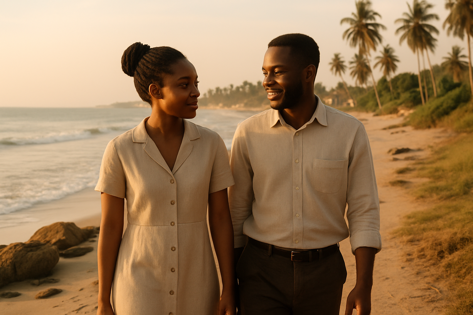 Two adults enjoying a relaxed coastal walk near Anomabo in Ghana