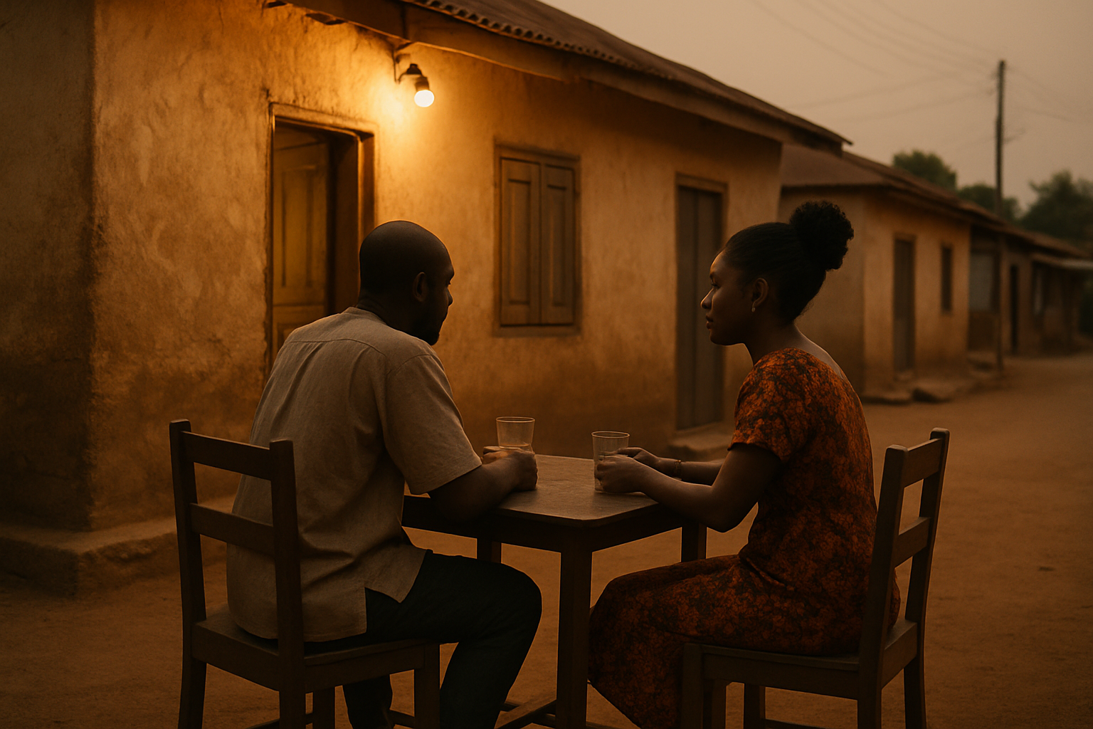 Two adults enjoying a relaxed evening conversation in Anyinam