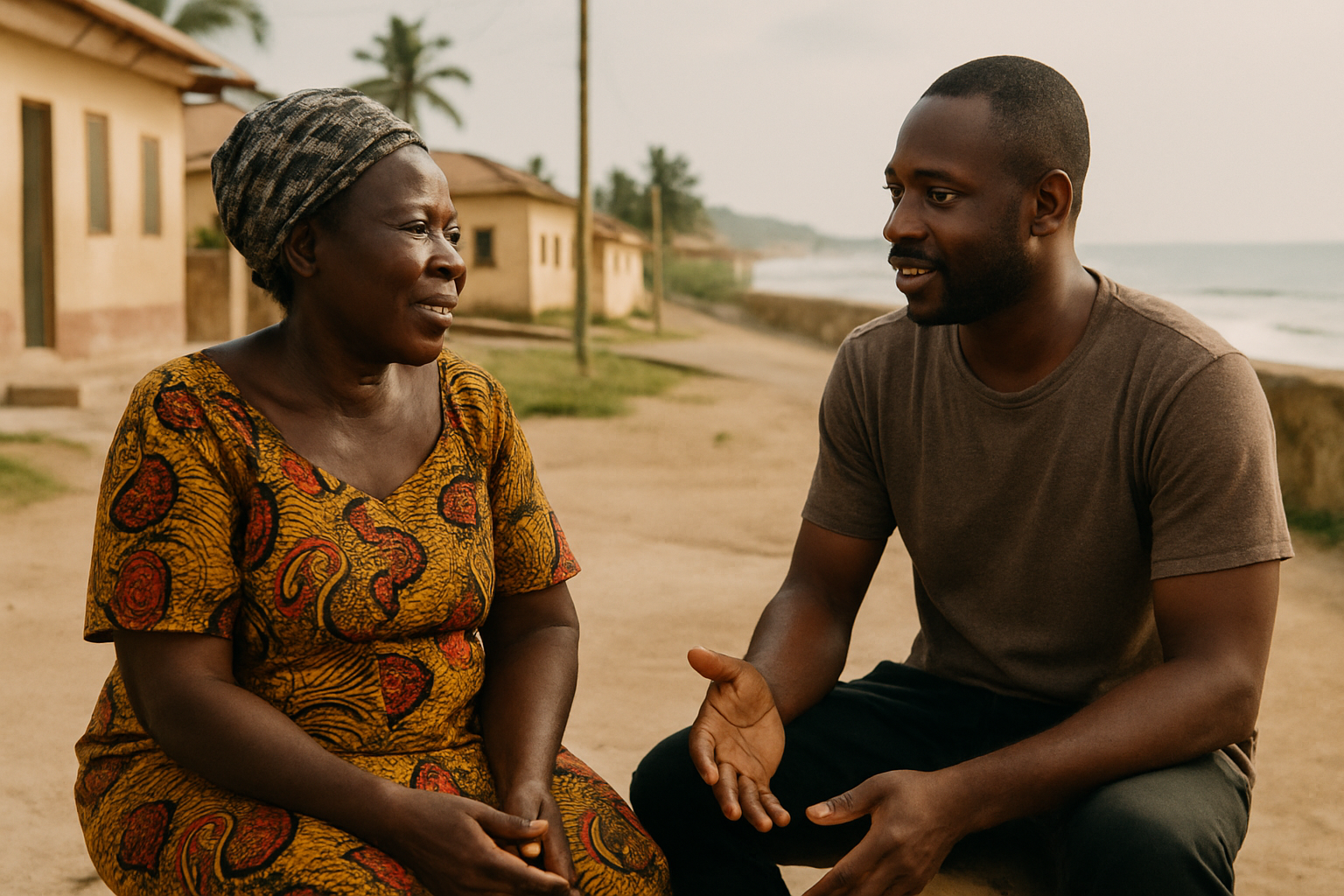 Two adults having a respectful conversation in Apam, Central Region
