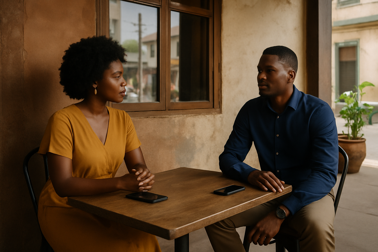 Two adults having a private follow-up conversation in a quiet café setting