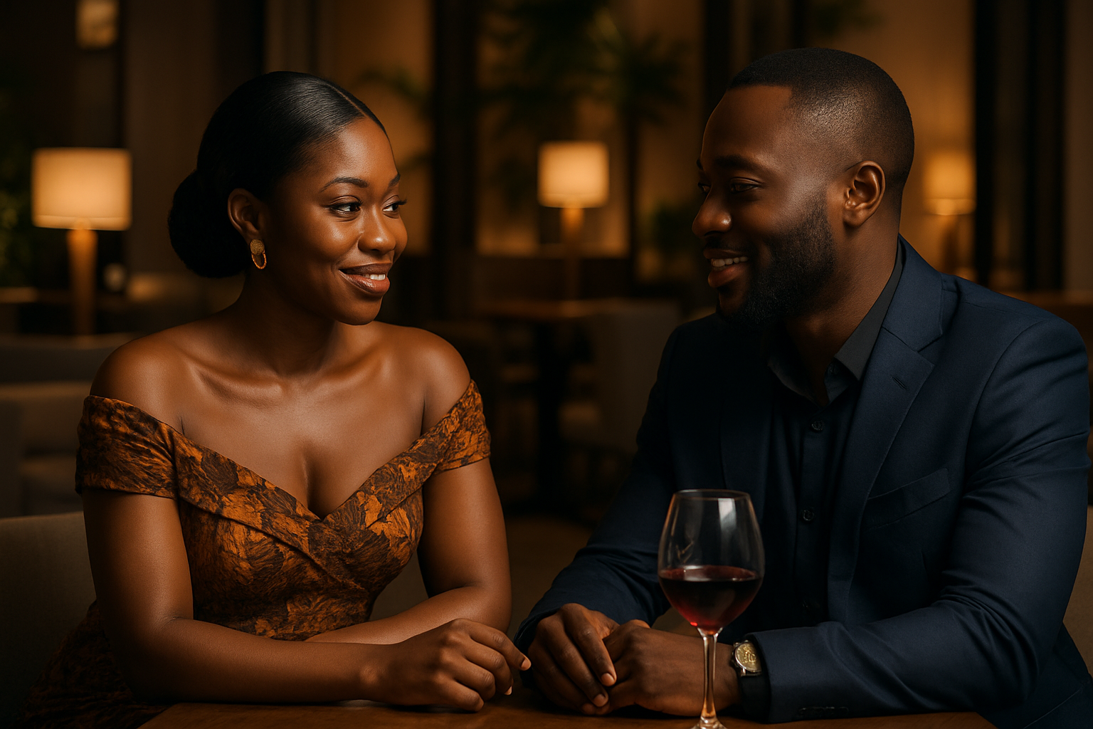 Adult couple enjoying a sophisticated evening date in an Asokore lounge