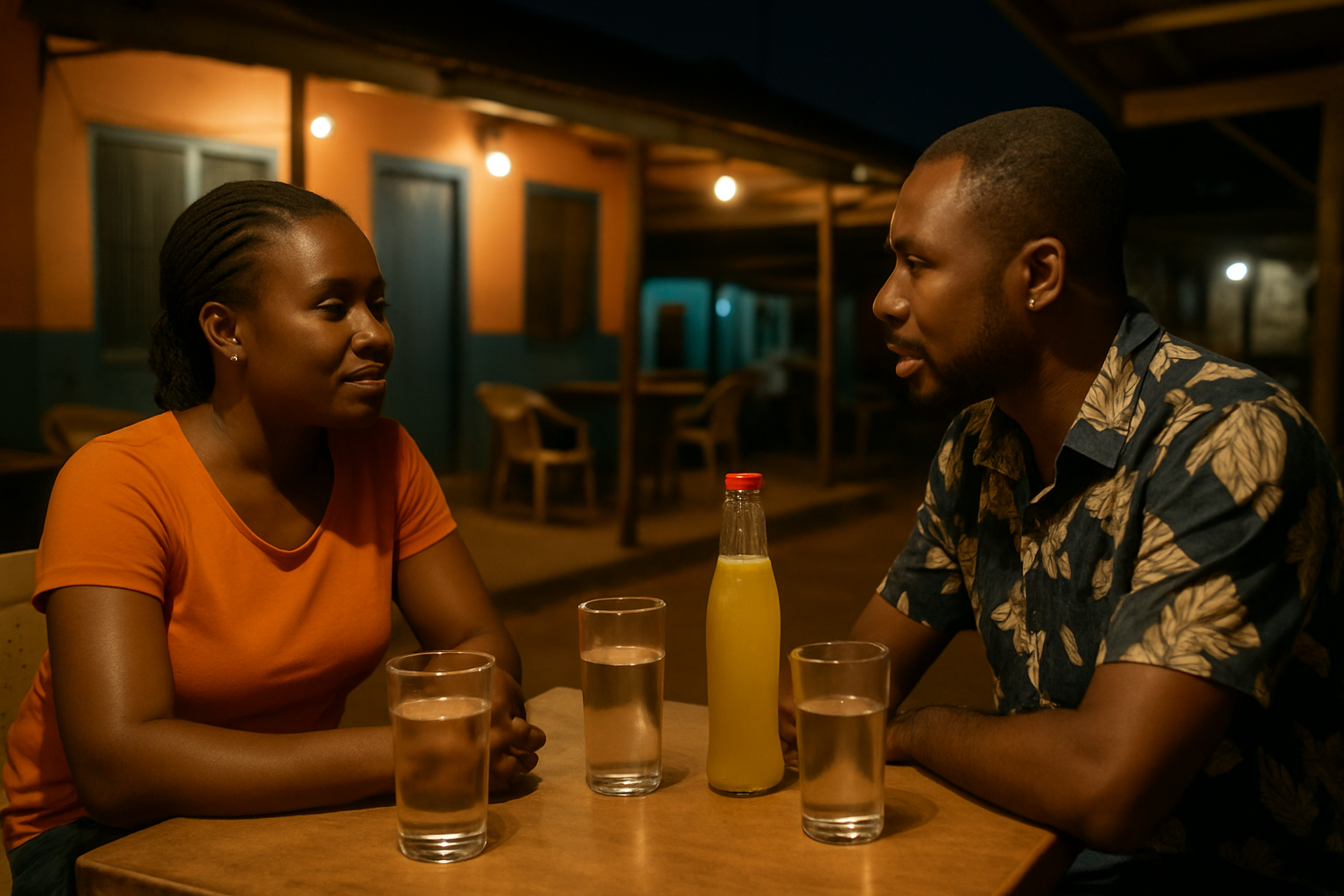 Two adults having a respectful evening conversation in Assin Fosu