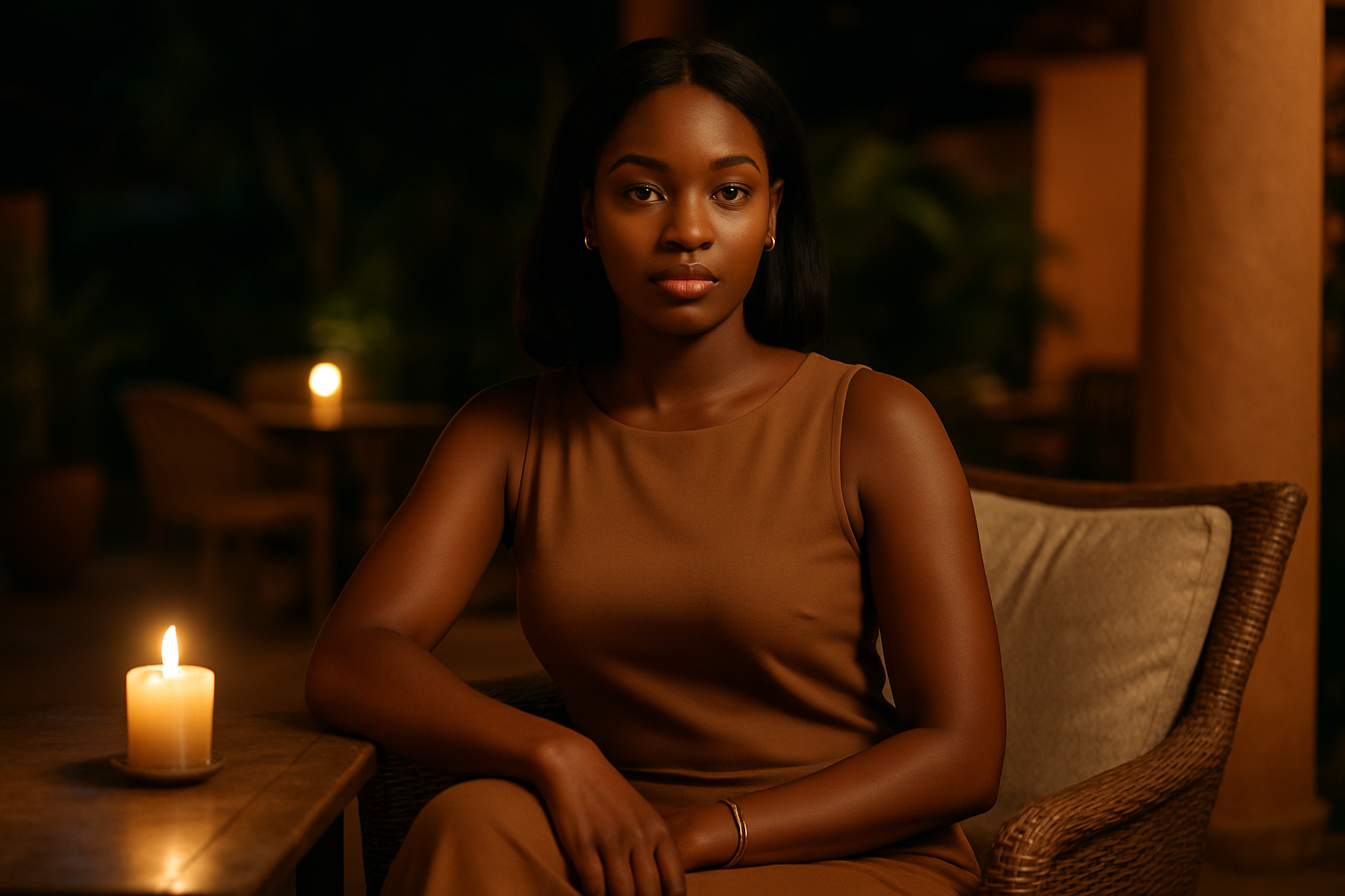 Adult Ghanaian woman in a refined candlelit lounge setting in Atebubu