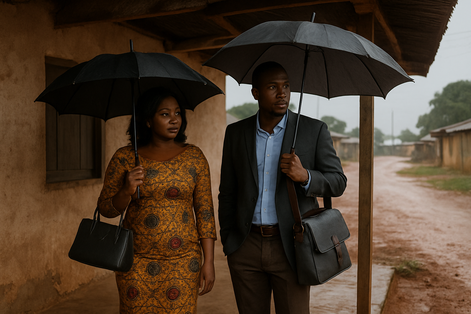 Adults preparing for a rainy-day date in Banda Ahenkro