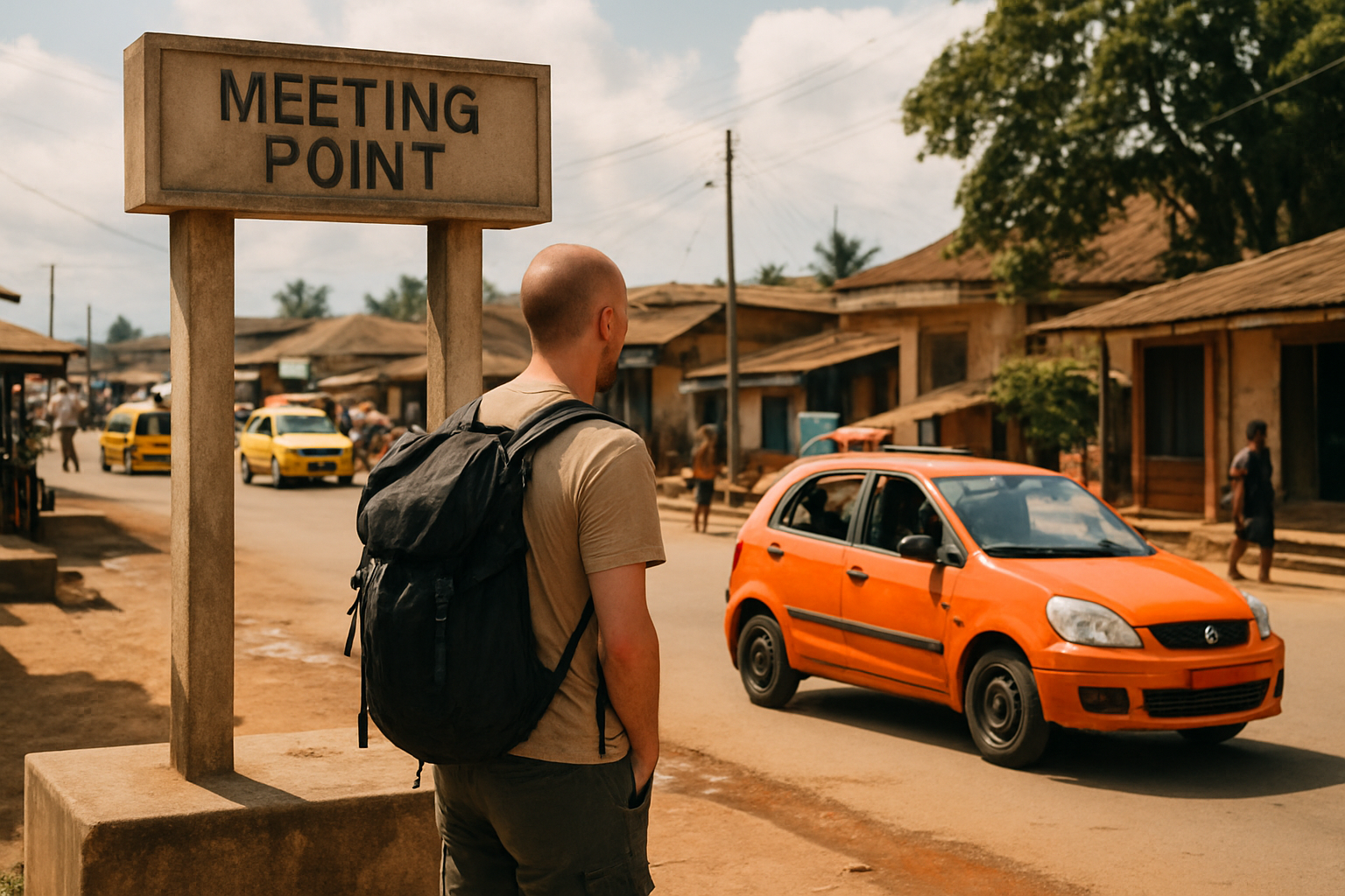 Visitor waiting at a public meeting point in Begoro, Eastern Region
