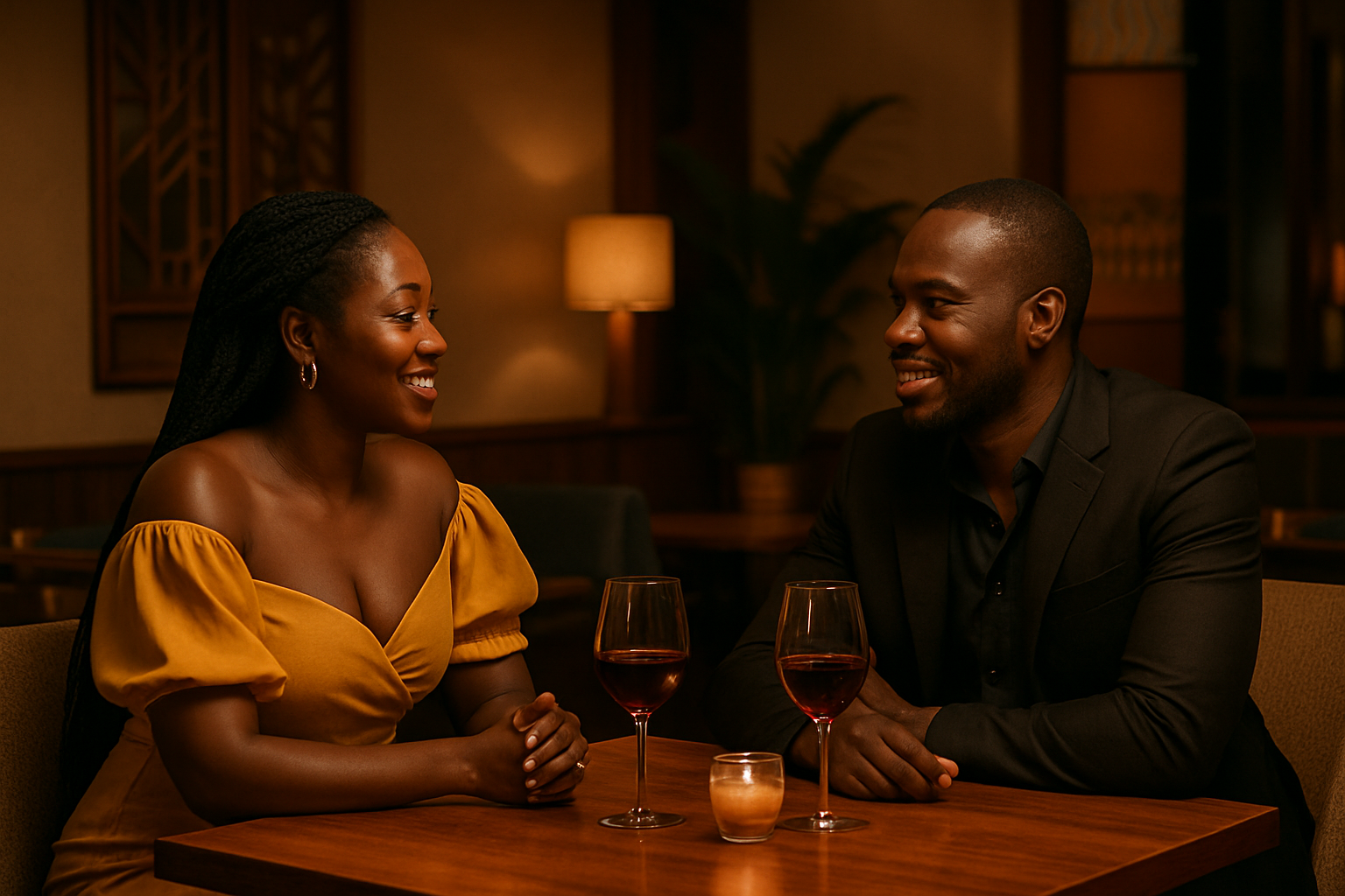 Adult couple enjoying a stylish evening date in a Bekwai lounge
