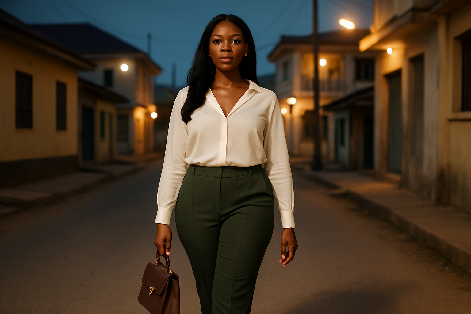 Adult woman in smart-casual fashion walking through an illuminated urban district in Busunya