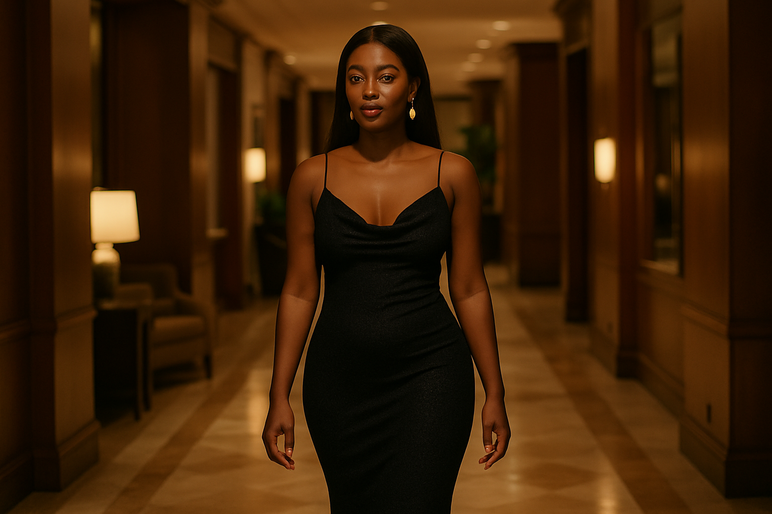 Adult woman in stylish evening fashion walking through an elegant hotel lobby in Ashanti Region