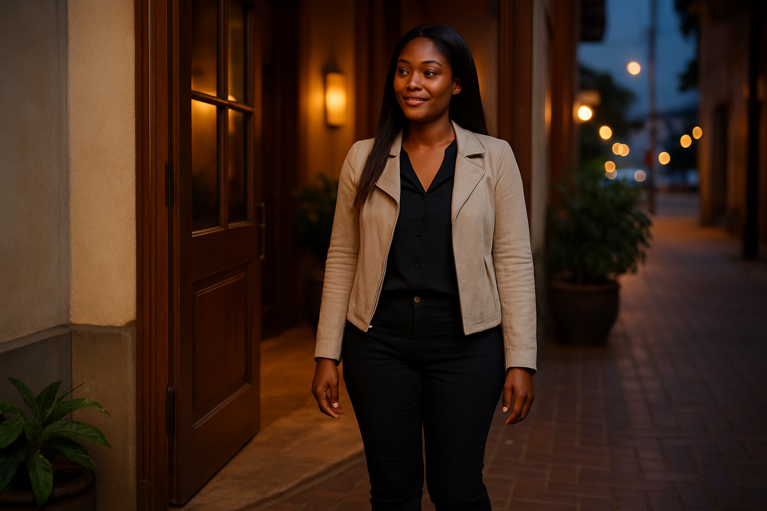 Adult woman in a relaxed polished outfit arriving at an elegant social venue in Takoradi