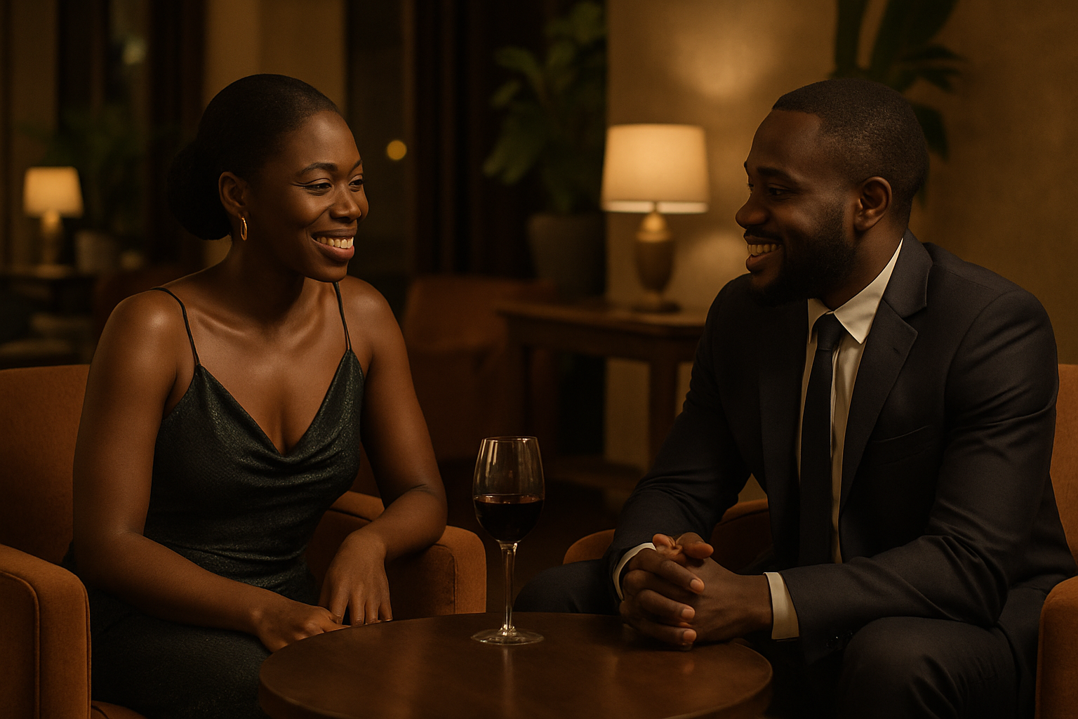 Adult couple having a respectful evening conversation in an elegant Adansi Asokwa setting