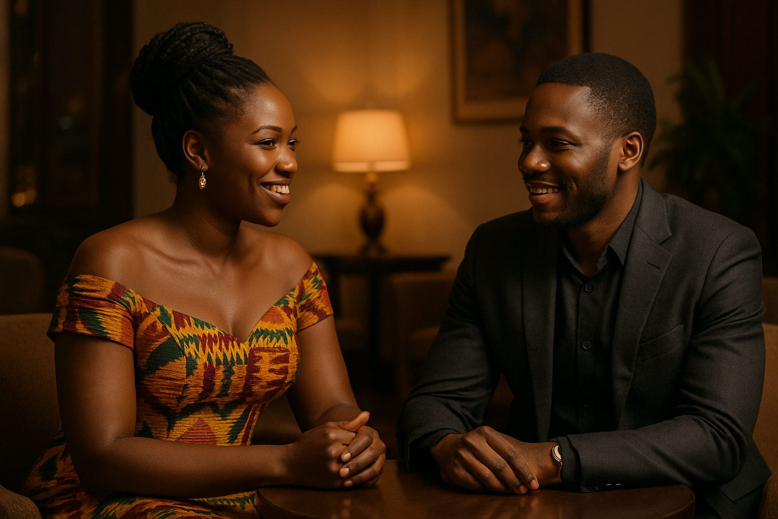 Two adults having a respectful conversation during a stylish date in Akrofuom