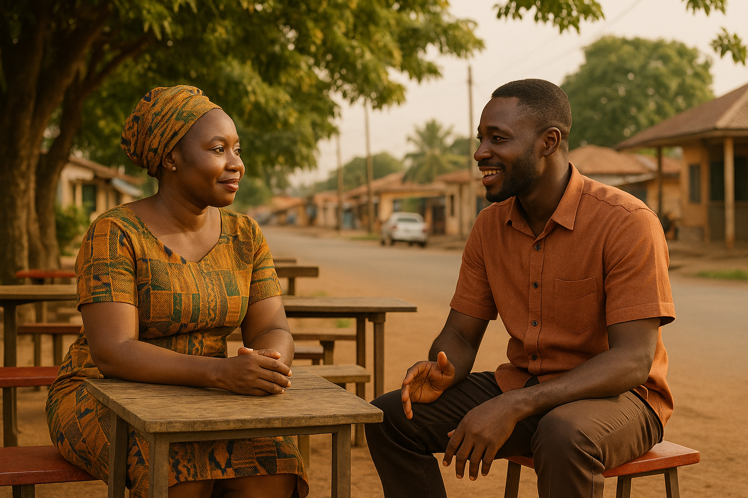 Two adults having a respectful conversation in a public setting in Duayaw Nkwanta