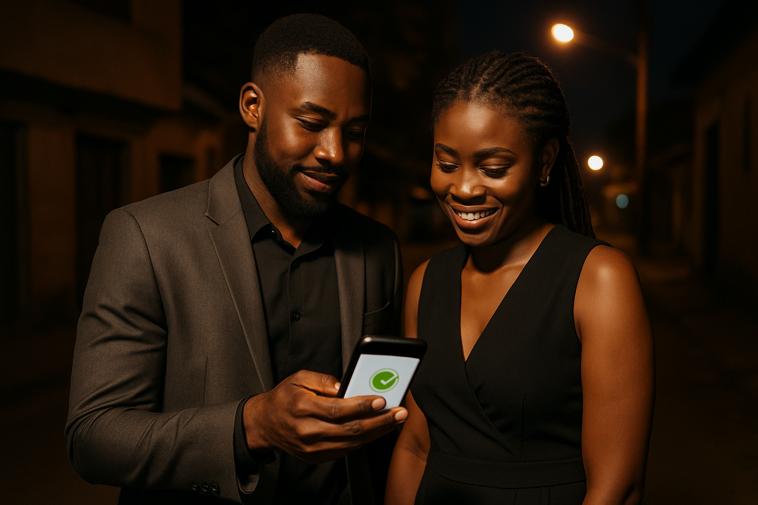 Adult companions checking evening event details in Dome, Greater Accra