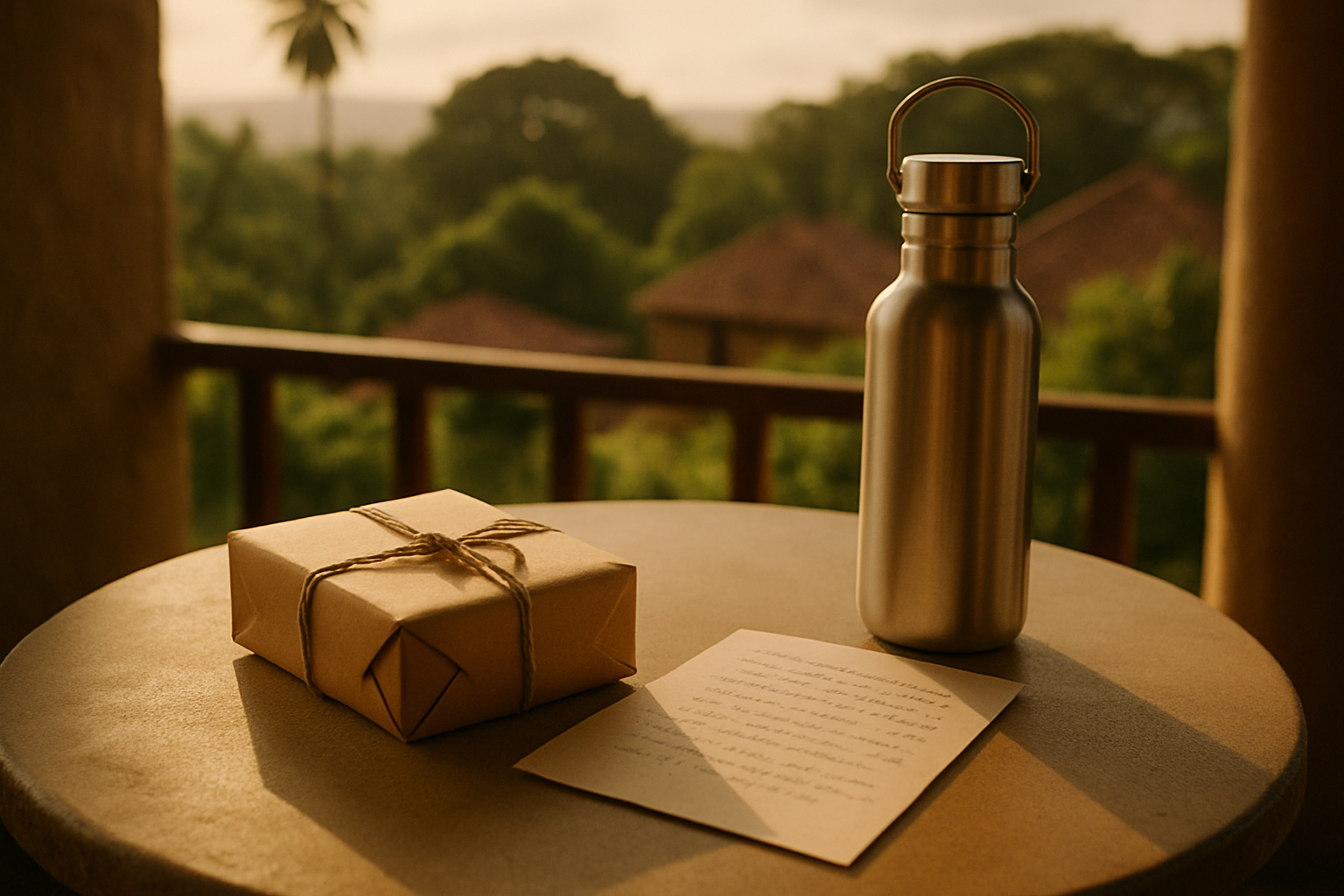 A modest wrapped gift and handwritten card prepared for a romantic weekend in Donkorkrom