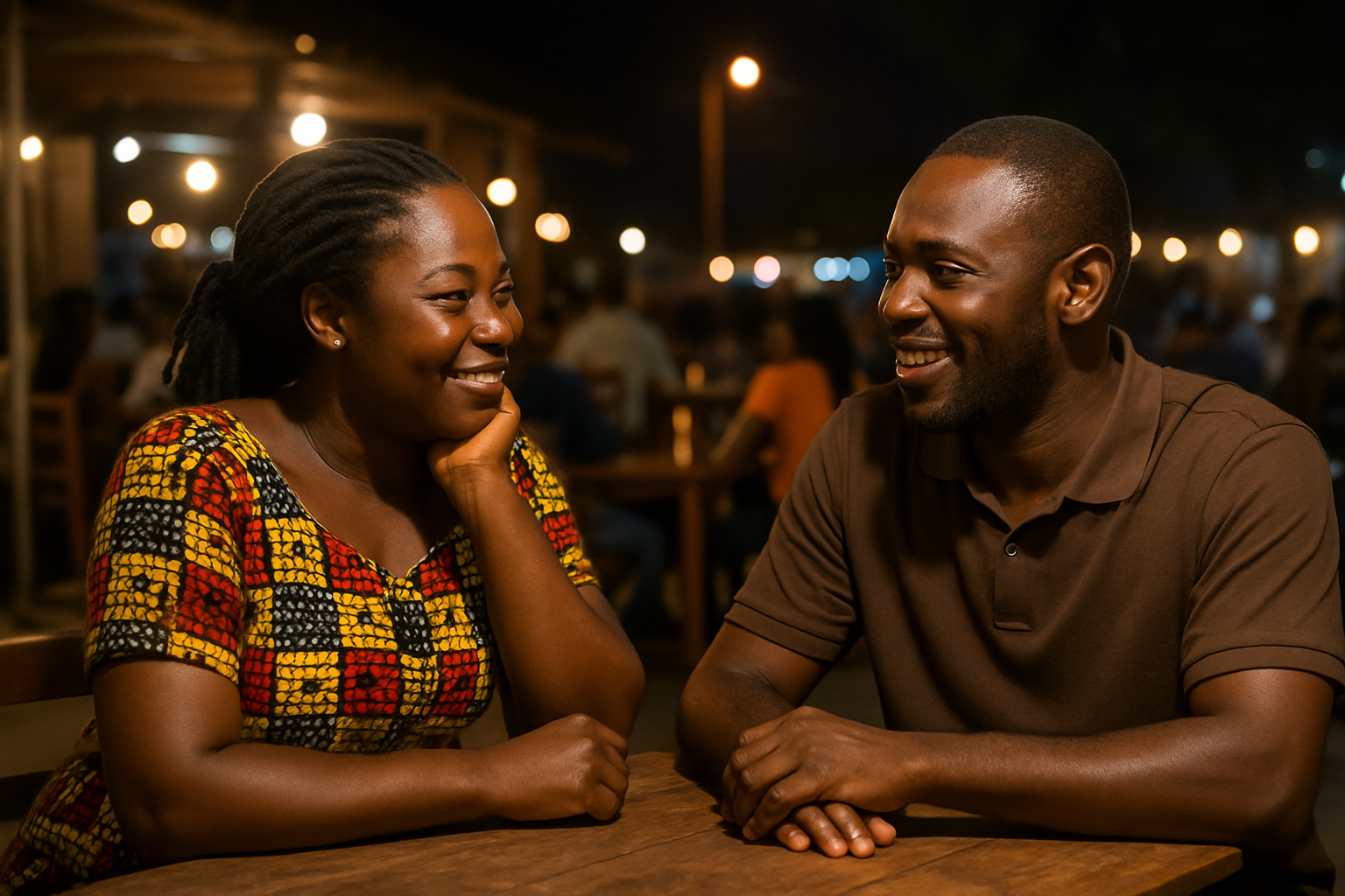 Two adults discussing evening plans in a public setting in Dormaa Ahenkro