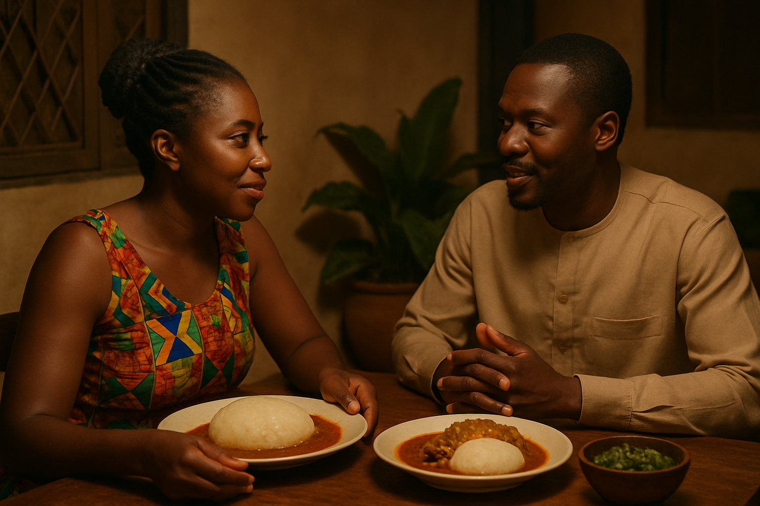 Two adults discussing a relaxed evening over a meal in Drobo