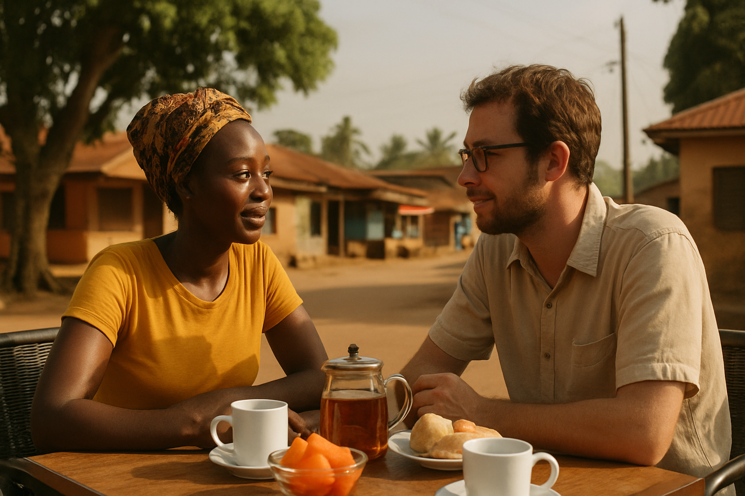 Two adults having a morning conversation before making second-day plans in Dunkwa-on-Offin