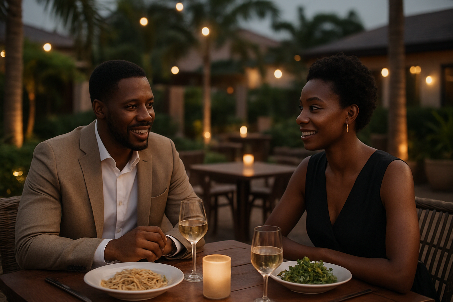 Two adults enjoying a relaxed second-date conversation in East Legon, Accra