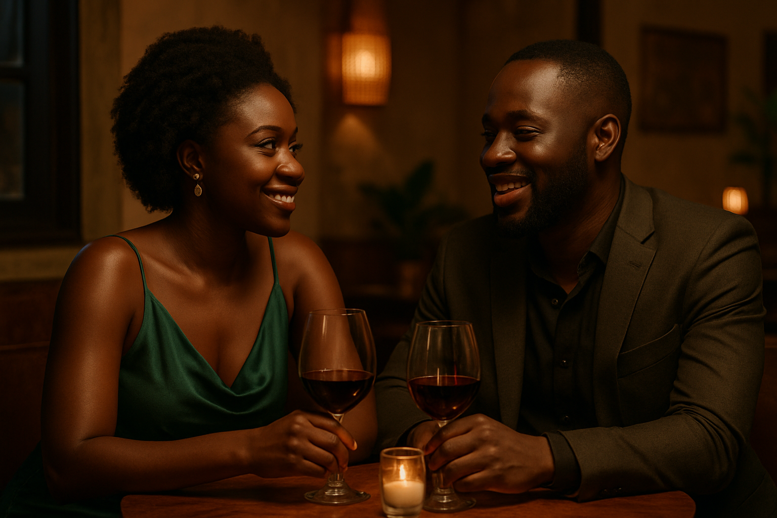 Adult couple enjoying a refined second date in an Effiduase evening lounge