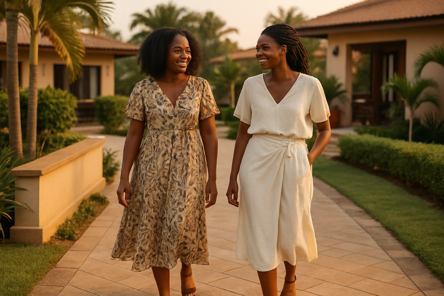 Two adult women having a relaxed conversation during a stylish evening meetup in Ejisu