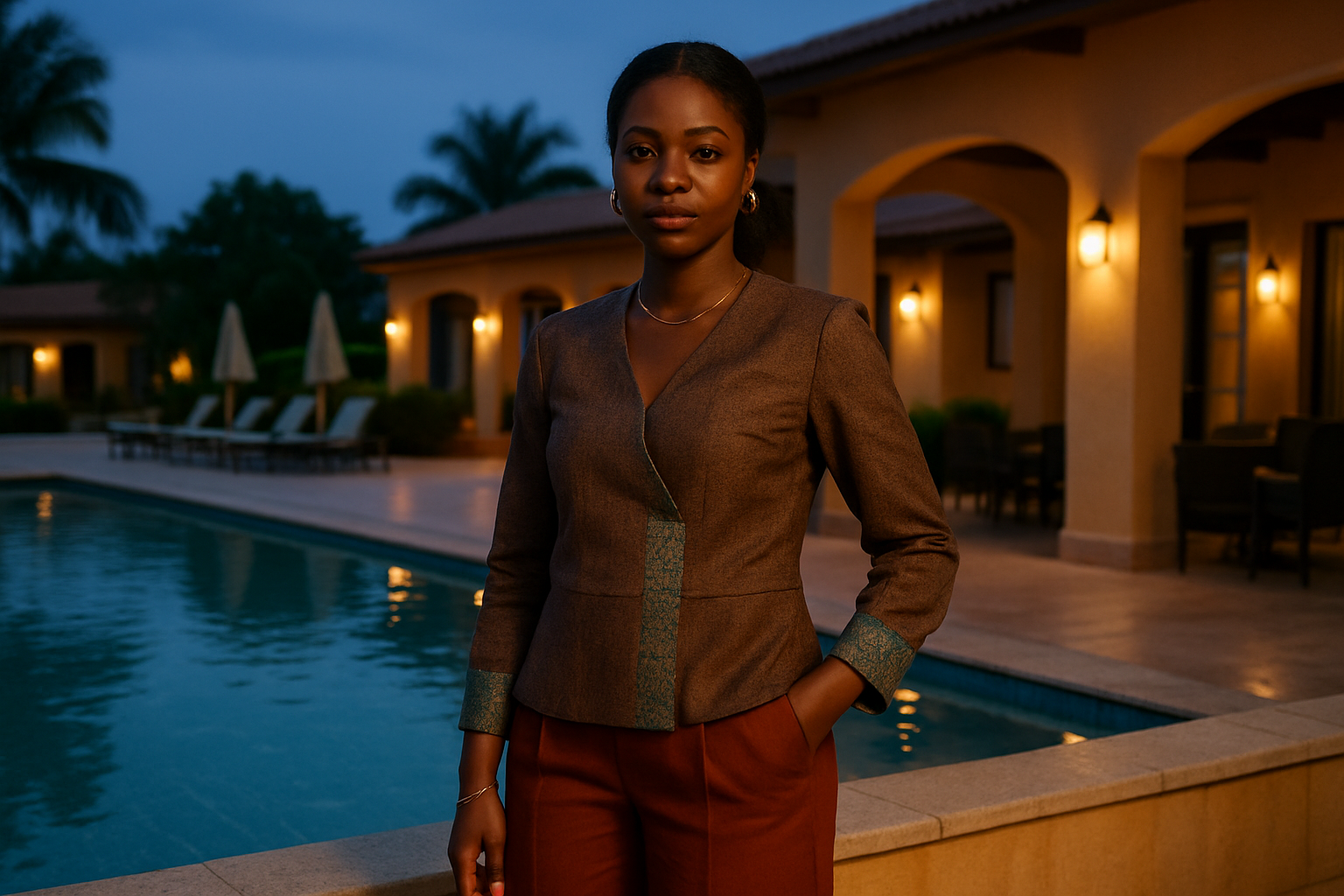 Adult Ghanaian woman in contemporary Ghanaian-inspired evening fashion beside a refined hotel terrace in Ejura at twilight