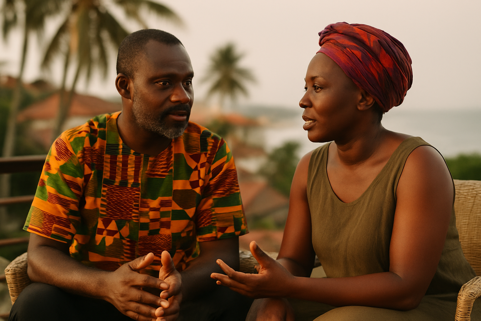 Two adults having a respectful conversation during a date in Elmina
