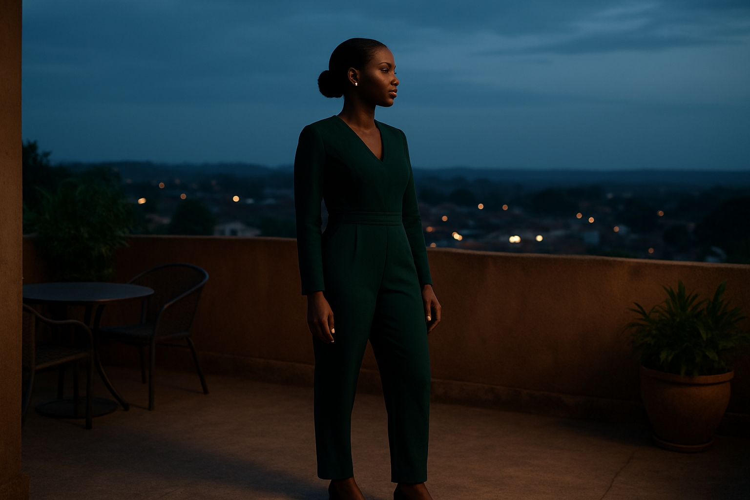 Adult woman in a tailored evening jumpsuit silhouetted against Fomena town lights