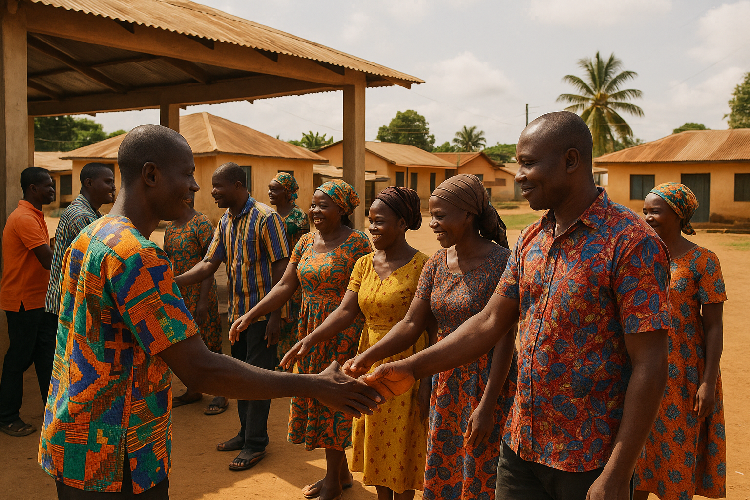 Adults greeting one another at a community gathering in Hwidiem, Ahafo Region
