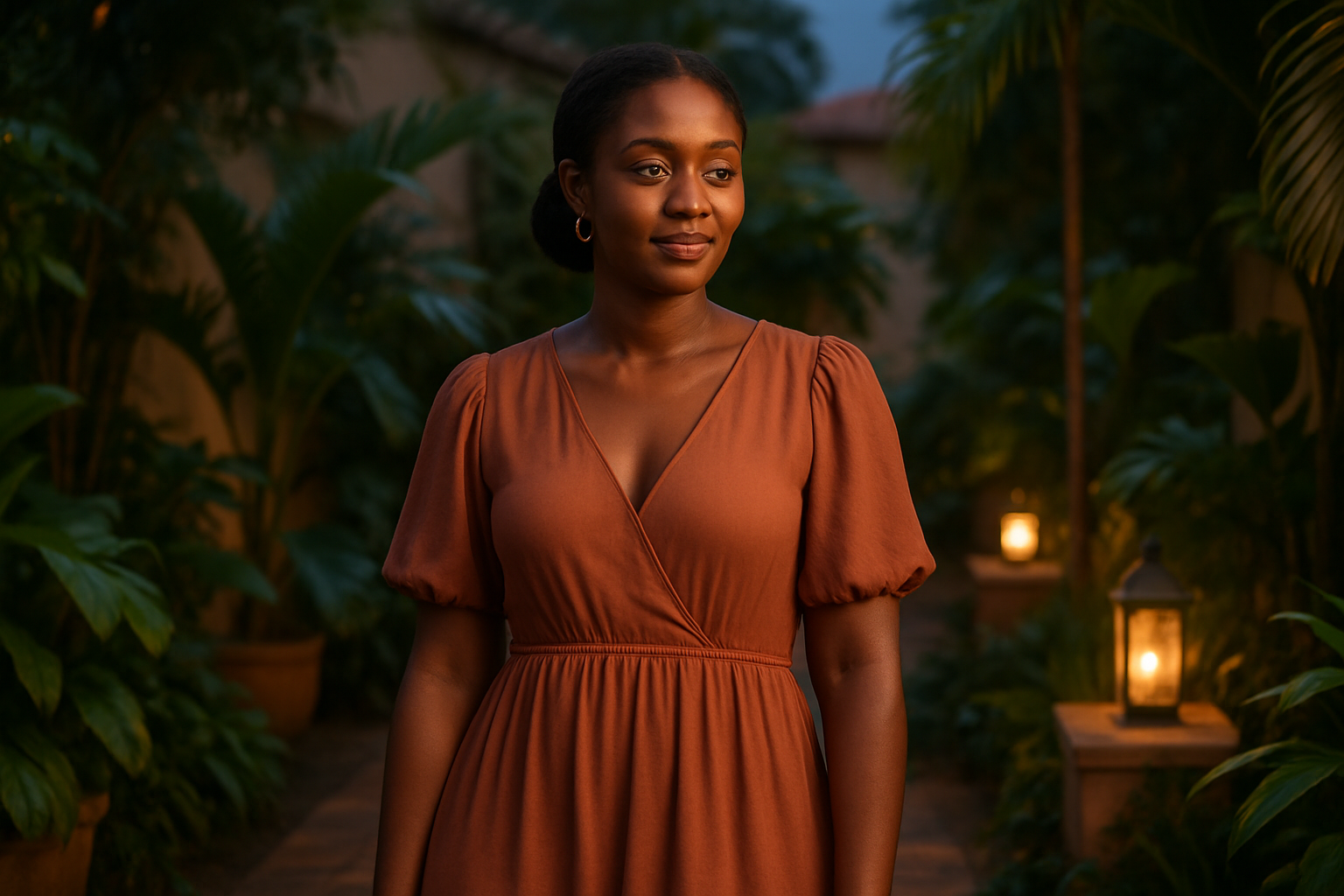 Adult woman in a soft romantic midi dress in a warmly lit garden courtyard at dusk in Jacobu