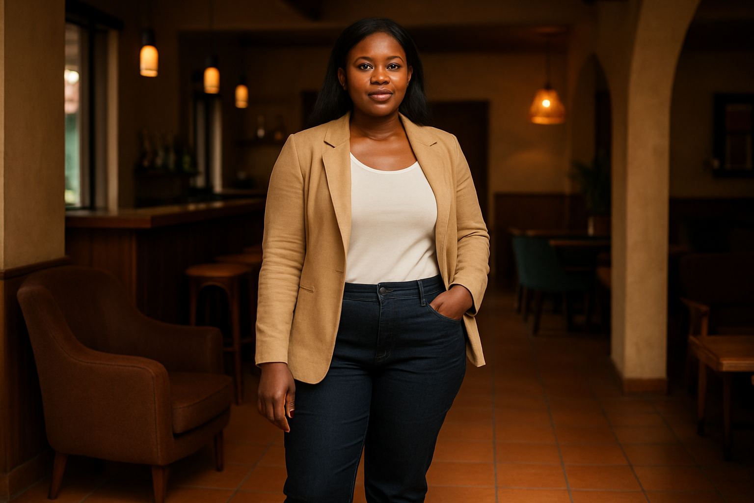 Adult woman in a relaxed smart-casual outfit standing near a softly lit lounge area in Jema