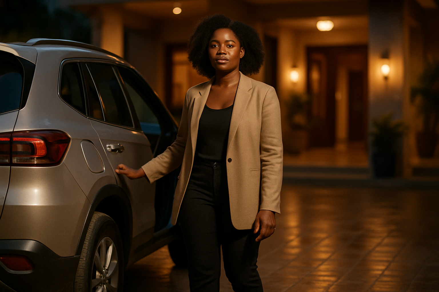 Adult woman in urban evening fashion beside a modern vehicle at a tasteful Juaso entrance