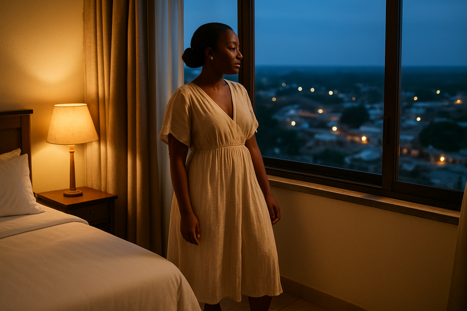 Adult woman in an elegant flowing dress by a window overlooking evening lights in Kajaji