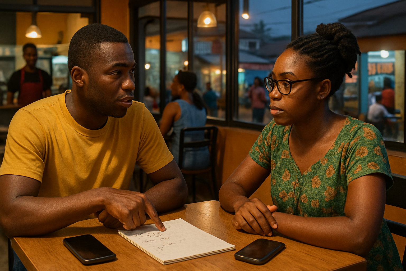 Adults discussing a safe first meeting in a public café in Kasoa