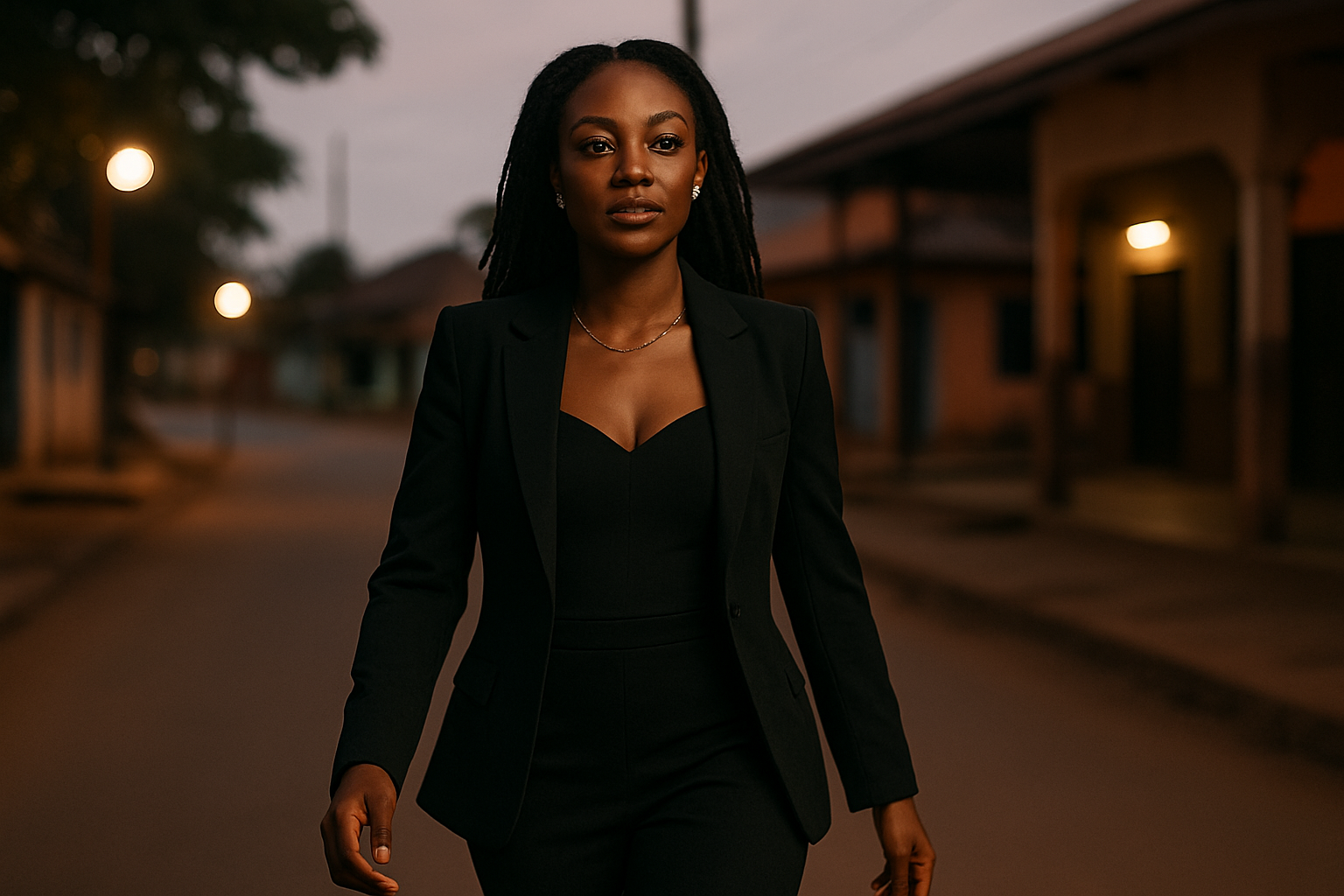 Adult Ghanaian woman in a tailored evening outfit walking through a softly lit Kintampo setting