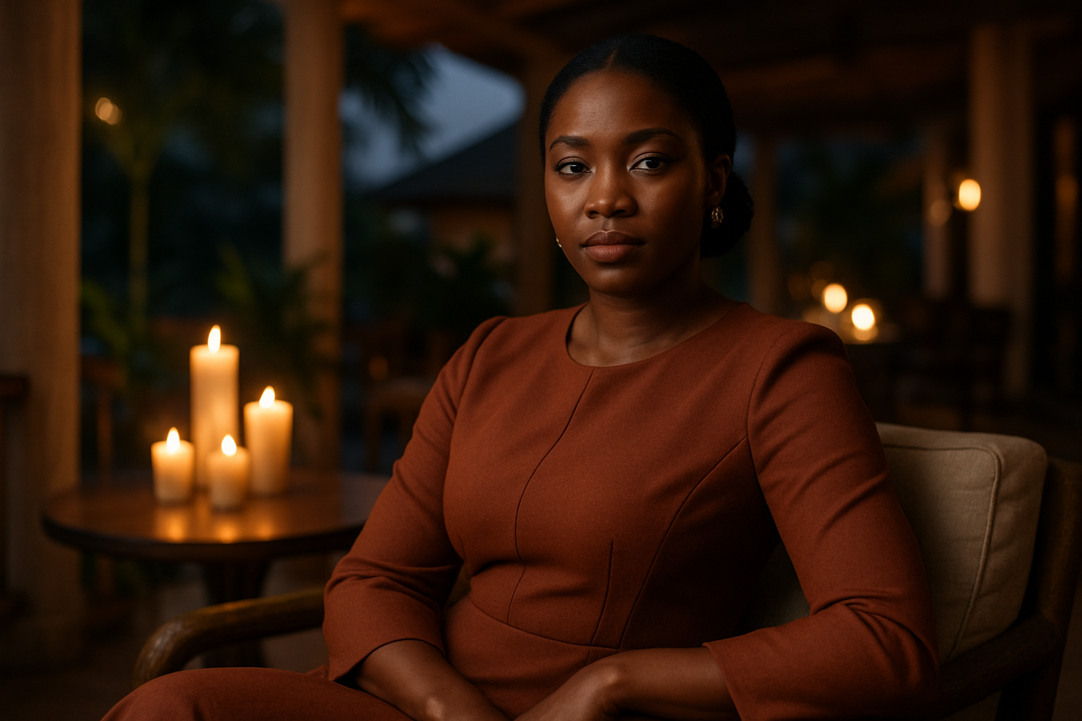 Adult woman in a polished lounge look during a candlelit editorial portrait in Kodie