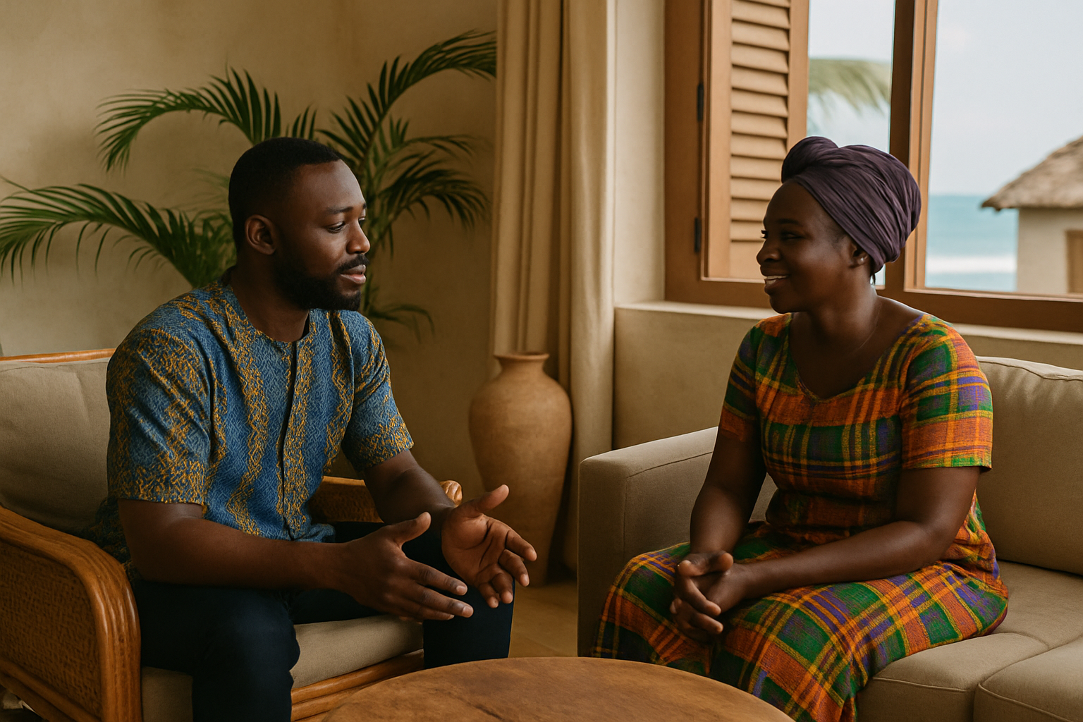 Two adults having a relaxed conversation while practising attentive listening in Komenda