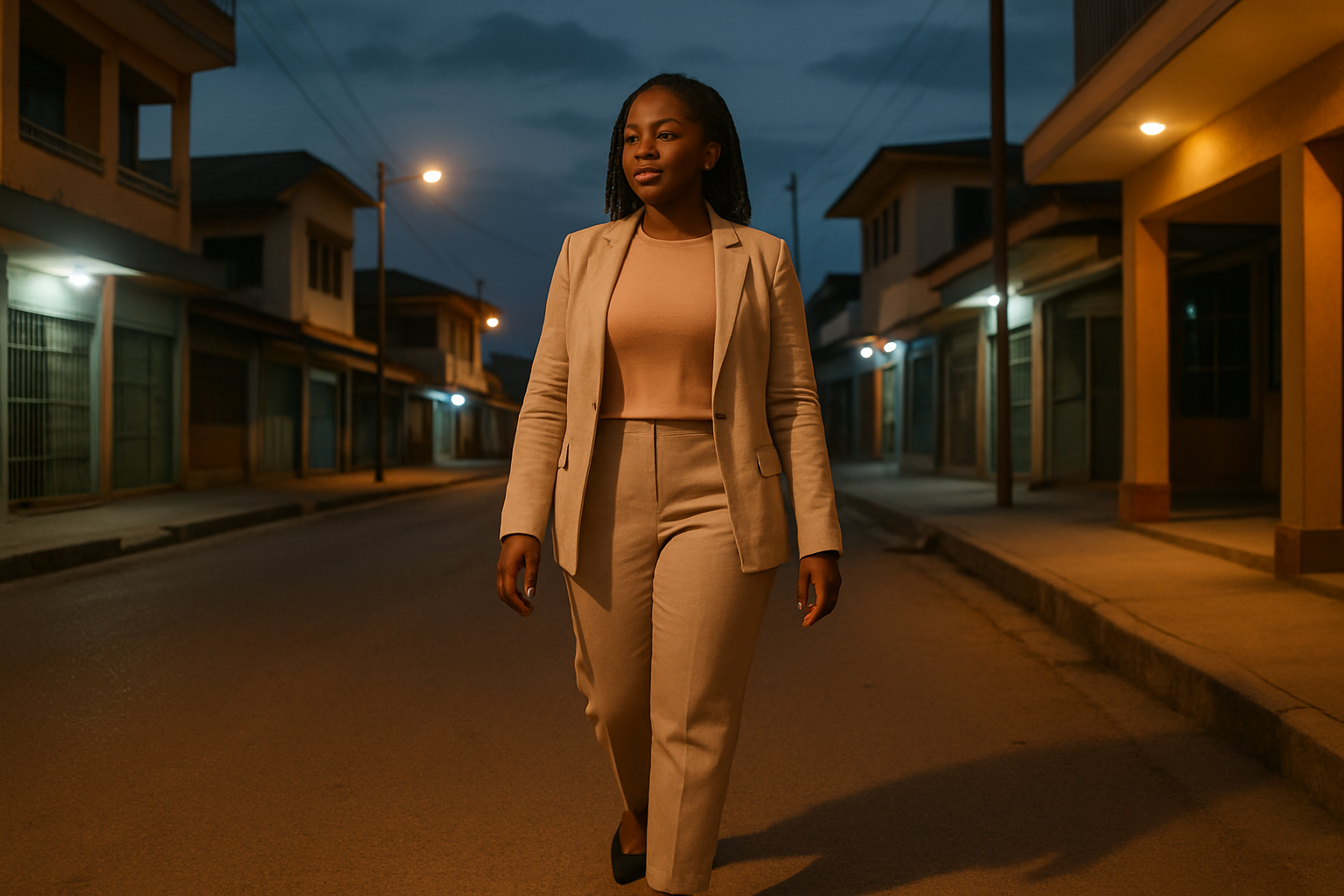 Adult woman in a stylish weekend outfit walking through a softly lit urban district in Konongo at evening