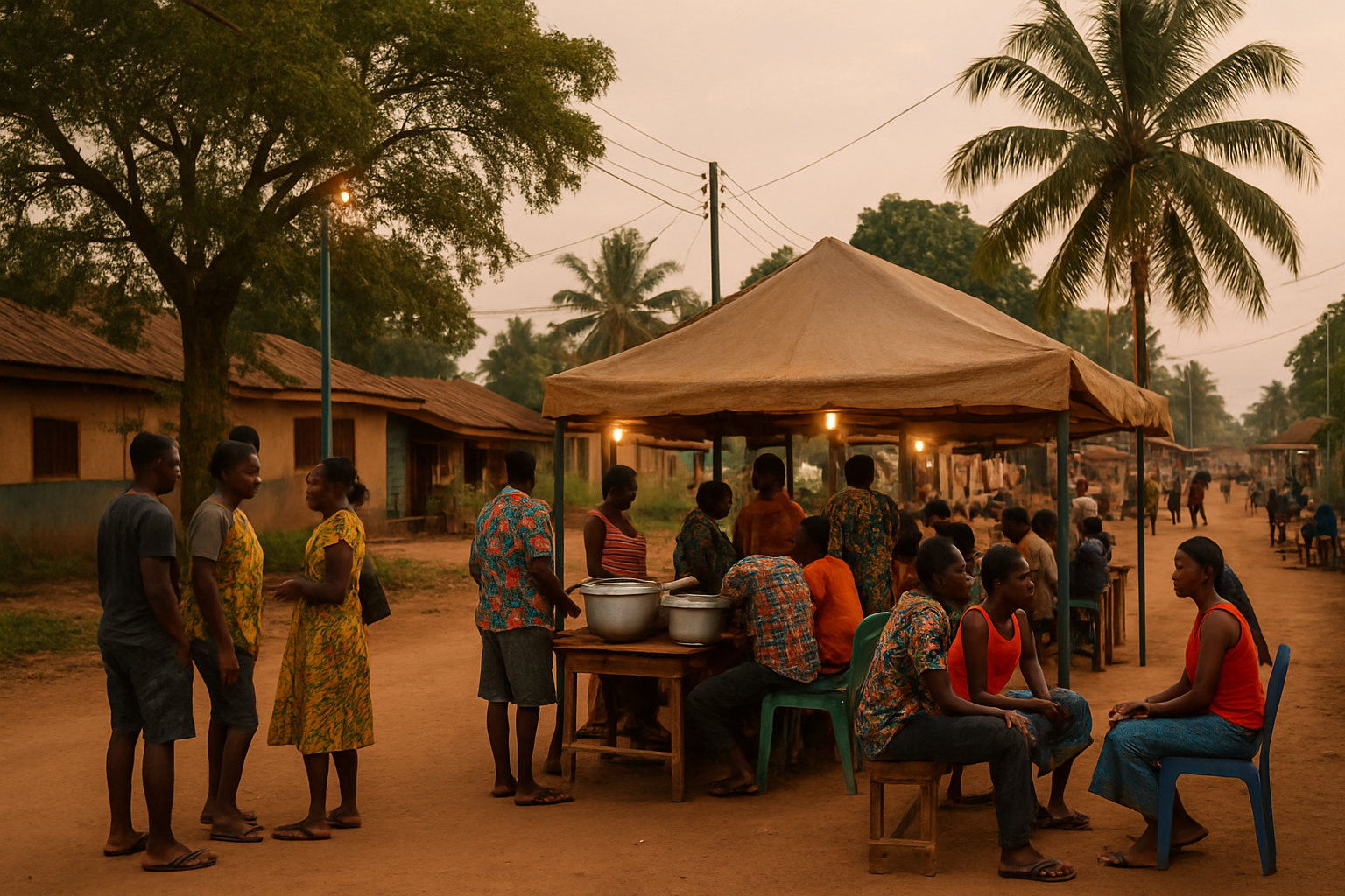 People enjoying a relaxed early evening food scene in Kukuom, Ahafo Region