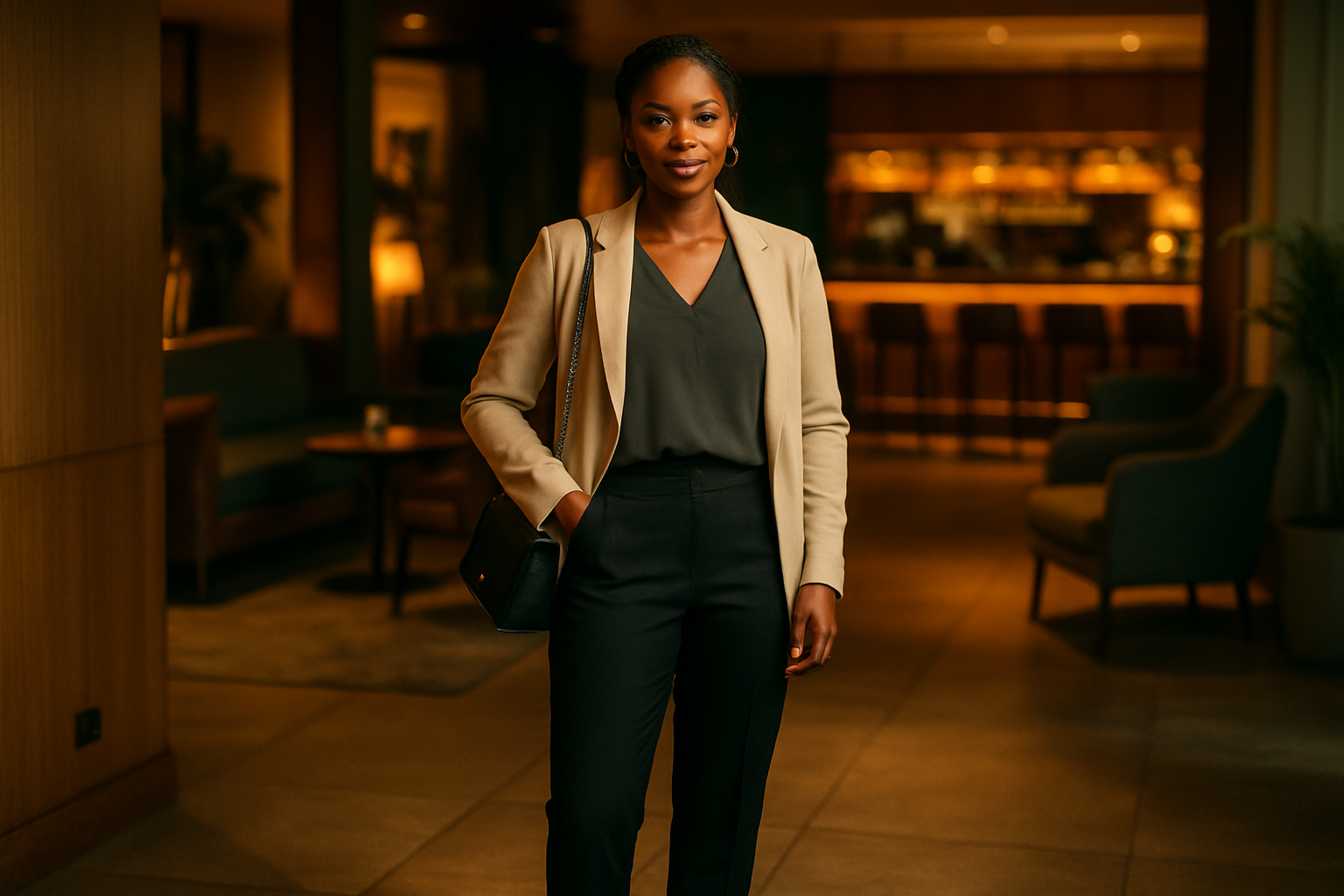 Adult woman in polished travel-ready separates standing near a stylish lounge interior in Kumasi