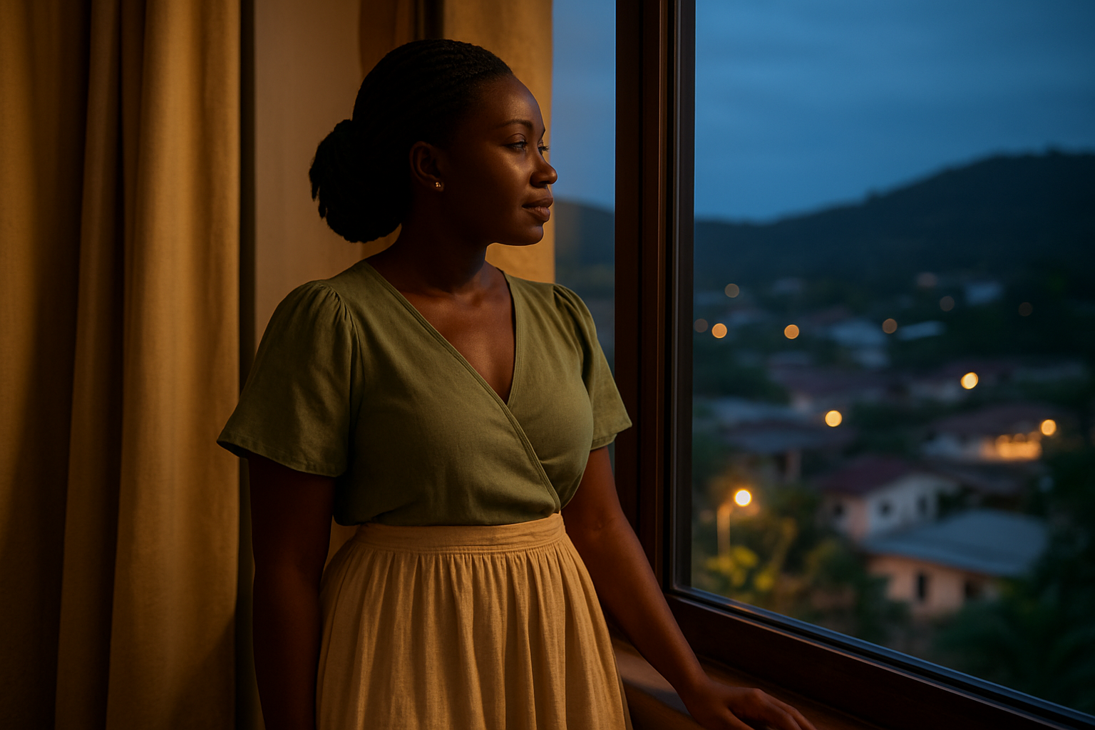 Adult woman in an elegant garden-inspired outfit beside a large window overlooking Kumawu evening lights